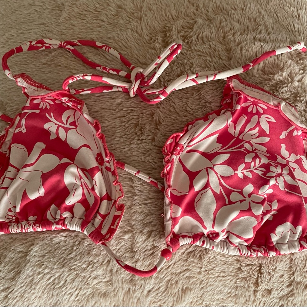 Pink and white Hawaiian flower print bikini top